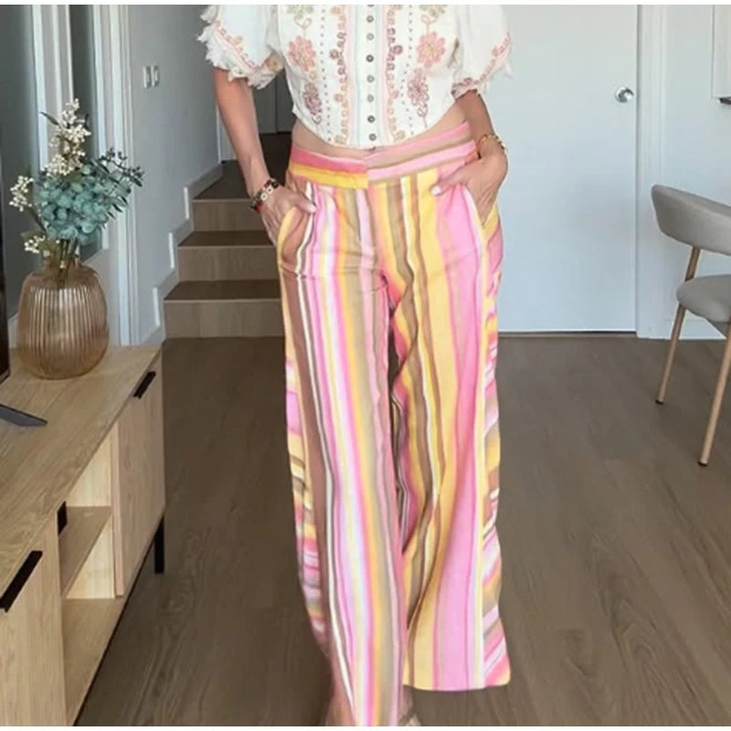 Vivid Multicolor Stripe Wide Leg Jeans With Pockets Low Waist Denim Trousers
