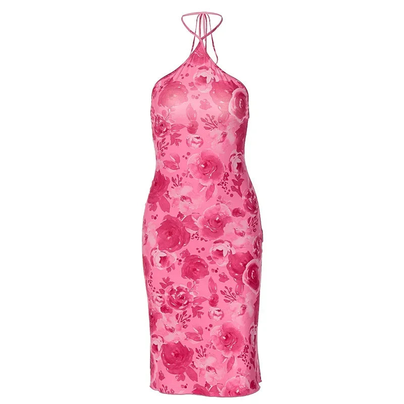Floral Print Halter Dress With Backless Bodice Sleeveless Bodycon