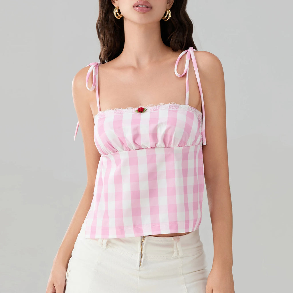 Sweet Open Back Camisole With Shirred Tie Up Spaghetti Straps Lace Trim And Square Neck