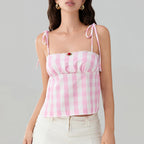 Sweet Open Back Camisole With Shirred Tie Up Spaghetti Straps Lace Trim And Square Neck