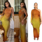 Long Maxi Dress With Skew Collar Full Sleeves Mesh See Through
