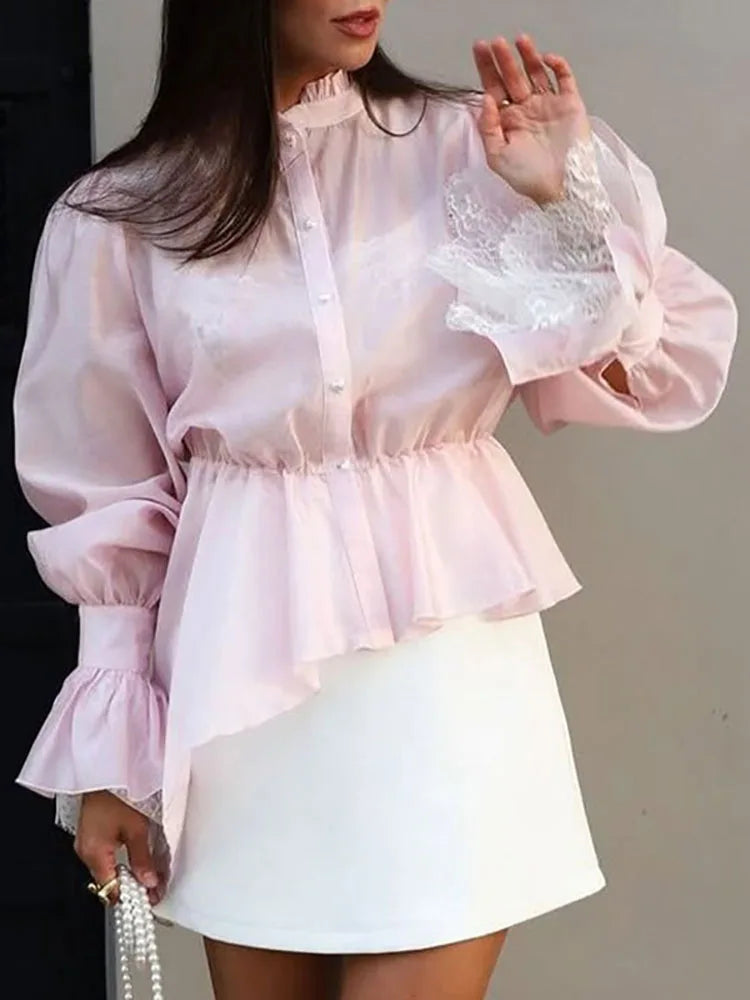 Fashion High Neck Asymmetric Women's Puff Sleeve Trim Ruffle Pink Single-breasted Blouse