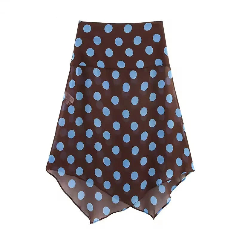 Blue Polka Dot Two Piece Set With Halter Top And Midi Skirt