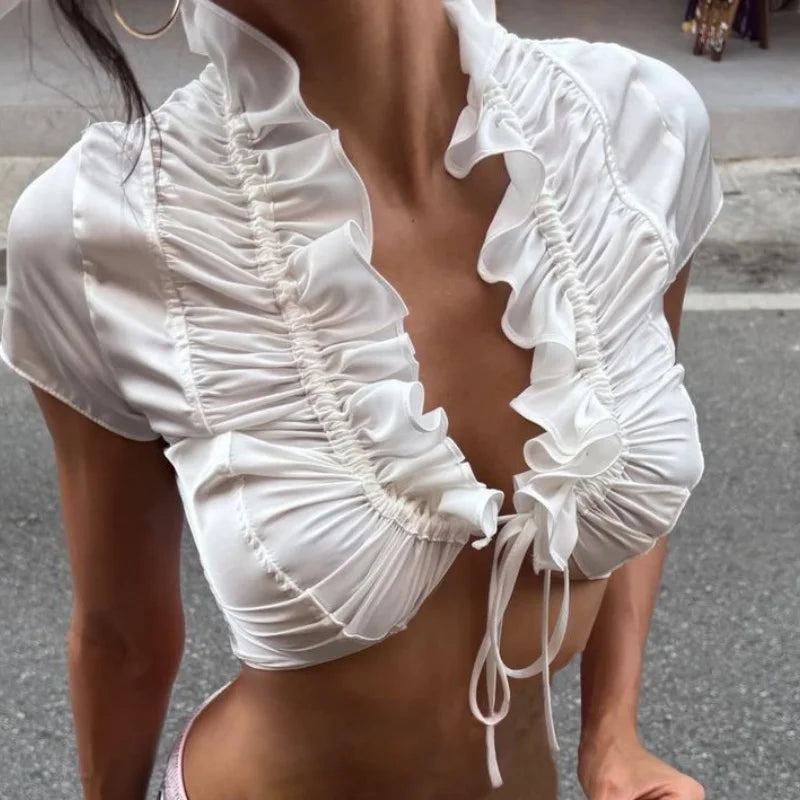 Ruffled Lace-Up Sexy Bandage Satin Top