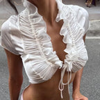 Ruffled Lace-Up Sexy Bandage Satin Top
