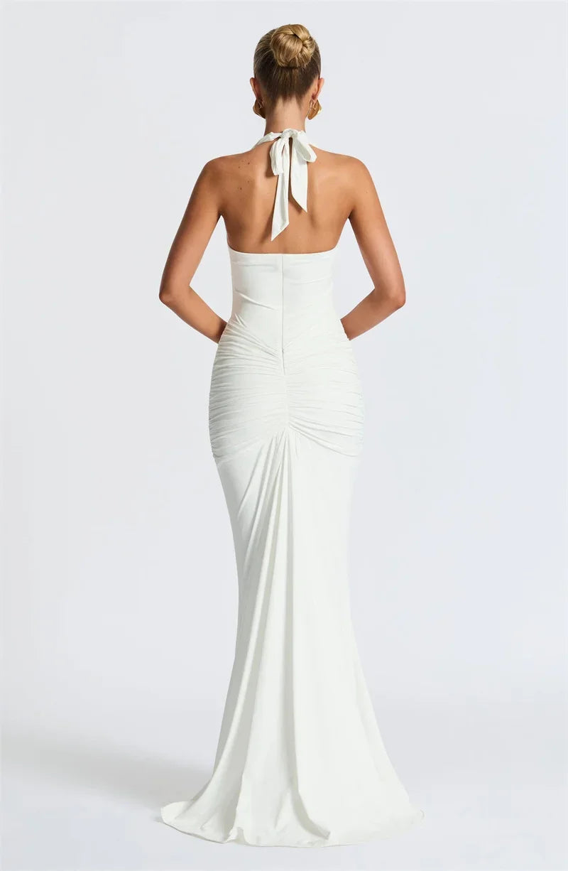 Deep V-Neck Backless Ruched Maxi Dress Halter Gown