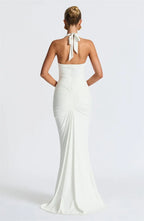Deep V-Neck Backless Ruched Maxi Dress Halter Gown