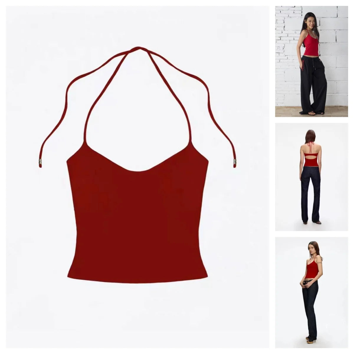 Lace Up Halter Tank And Suspender Long-sleeves Open Back Design For Chic Vibe