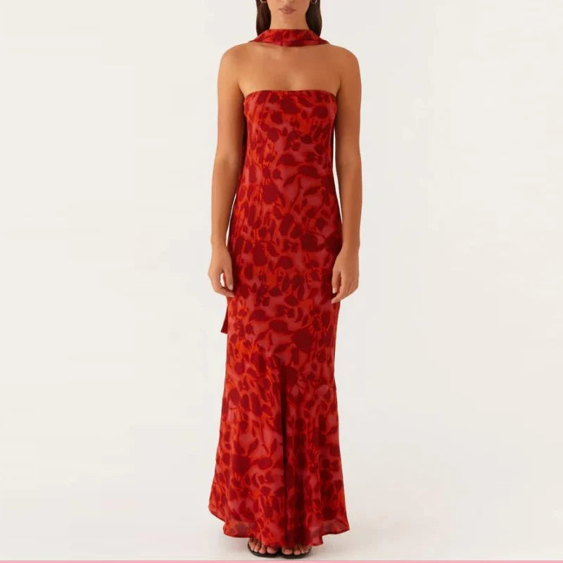 Floral Tube Maxi Dress With Scarf Strapless Backless Mesh Bodycon Sundress