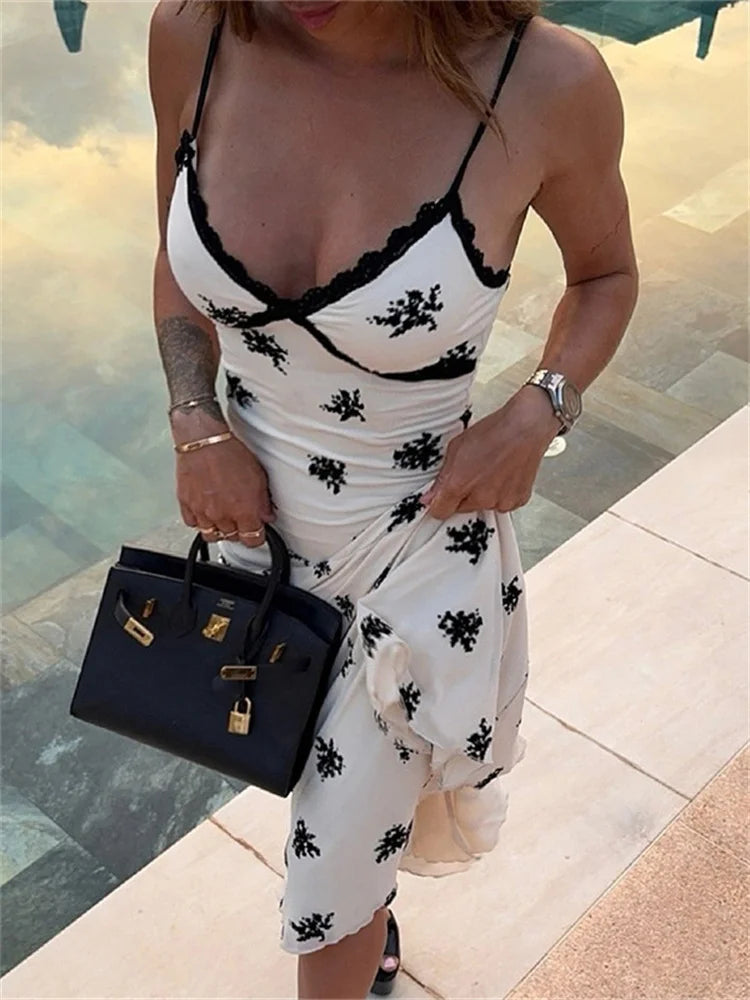 Patchwork Lace Midi Dress With Halter Neck And Backless Silhouette