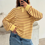 Vintage Rib Knitted Striped Collared Sweater Loose Long Sleeve Pullover Knit Top