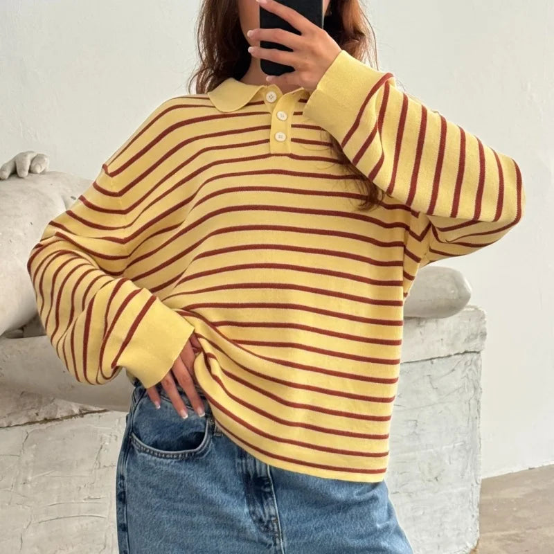 Vintage Rib Knitted Striped Collared Sweater Loose Long Sleeve Pullover Knit Top