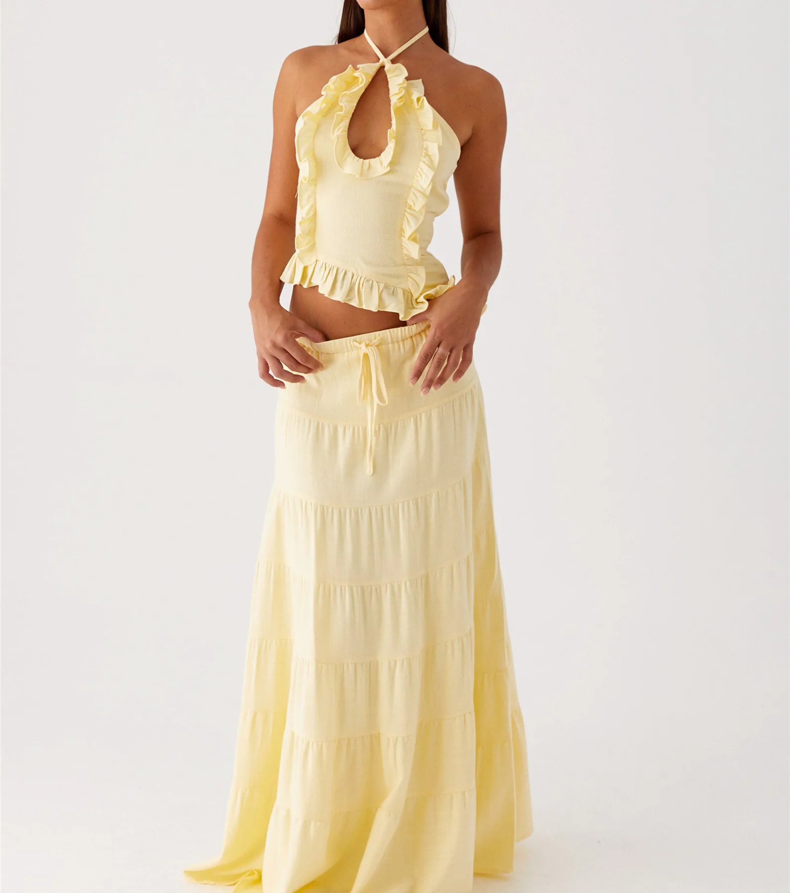 Halter Crop Two Piece Maxi Skirt Set With Ruffle Tiered Flowing Silhouette