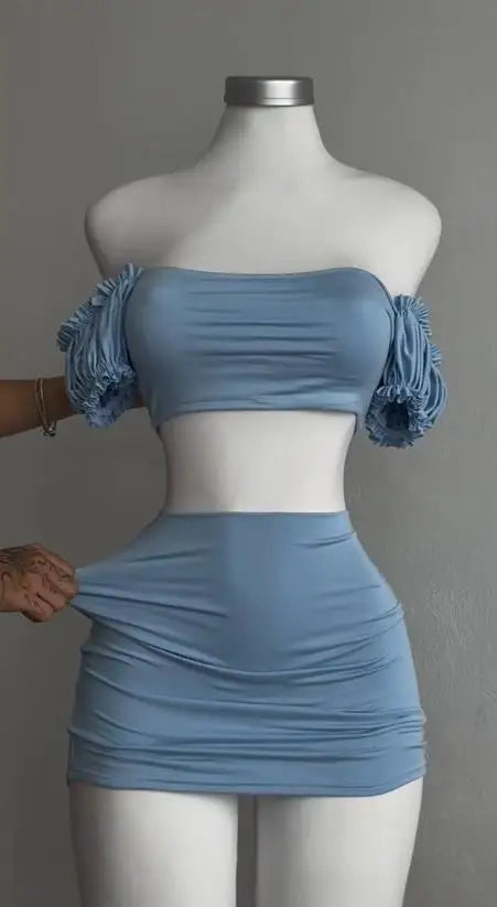 Alluring Two Piece Set With Wrapped Hip Skirt And Hollowed Pleated Puff Sleeves