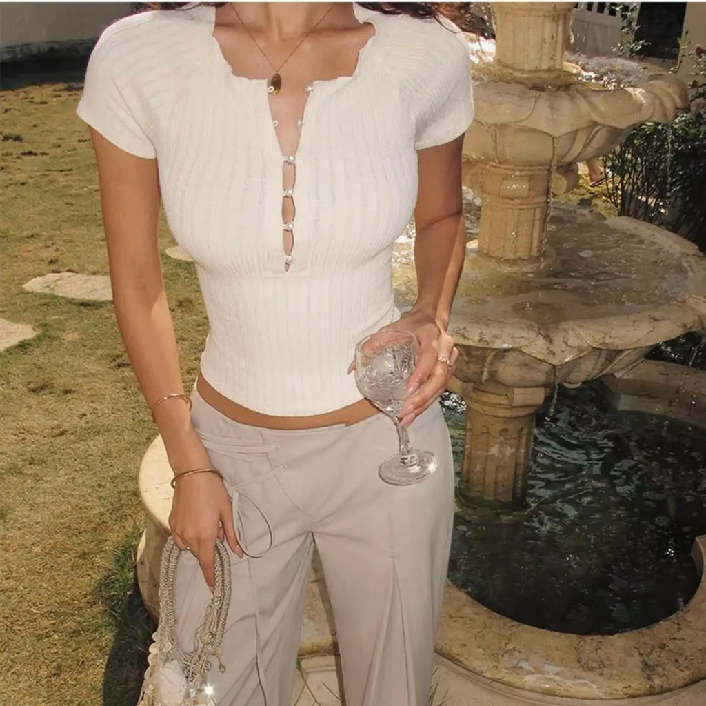 Women's Ribbed Knit Button Front Crop Top Short Sleeve Notch Neck Fitted Blouse