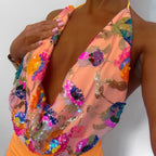 Beaded Sequin Two Piece Set Sleeveless Backless Crop Top And Mini Skirt Glam Outfit