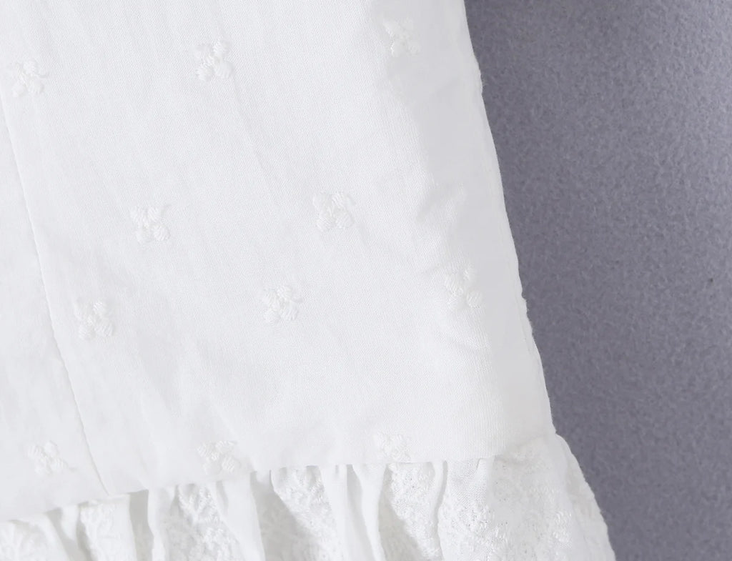 Sweet White Embroidered Floral Crop Shirt With V Neck Puff Sleeves And Ruffle Hem Slim Fit
