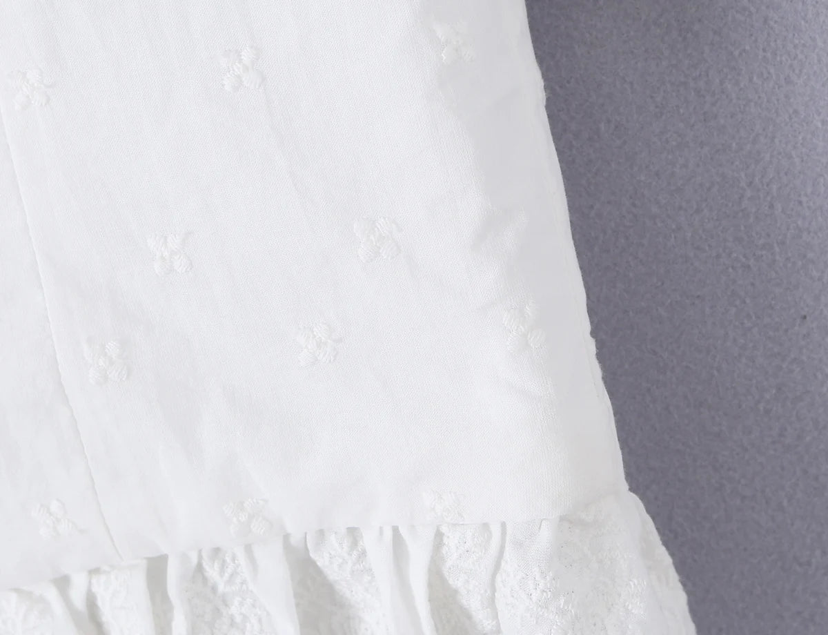 Sweet White Embroidered Floral Crop Shirt With V Neck Puff Sleeves And Ruffle Hem Slim Fit