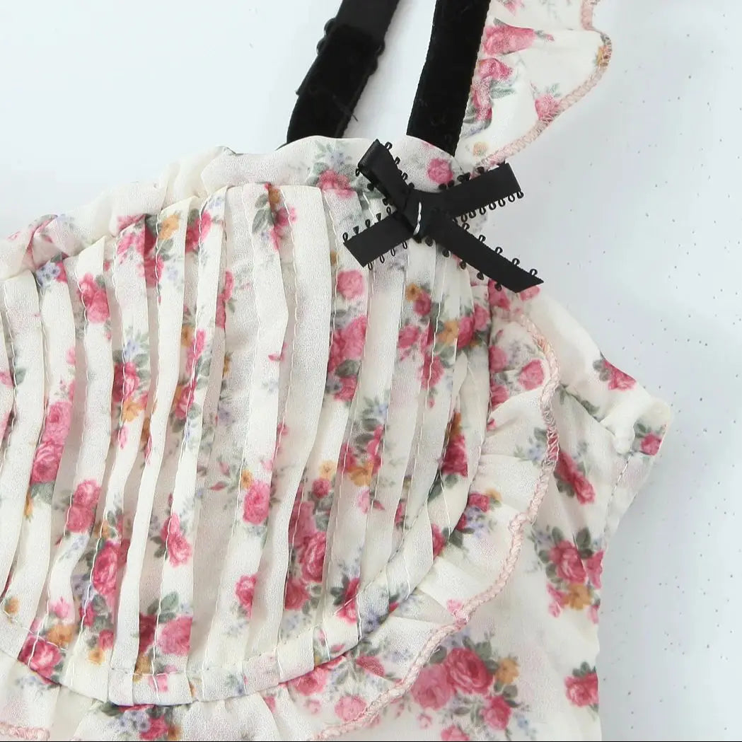 Romantic Beige Pink Flower Sling Sexy Dress Ruched Bra Backless  Dress
