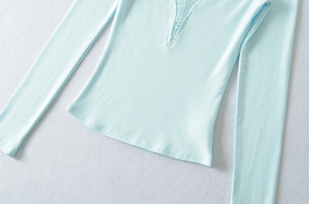 Lace Splice Long Sleeve Vneck Top For Night Out Chic