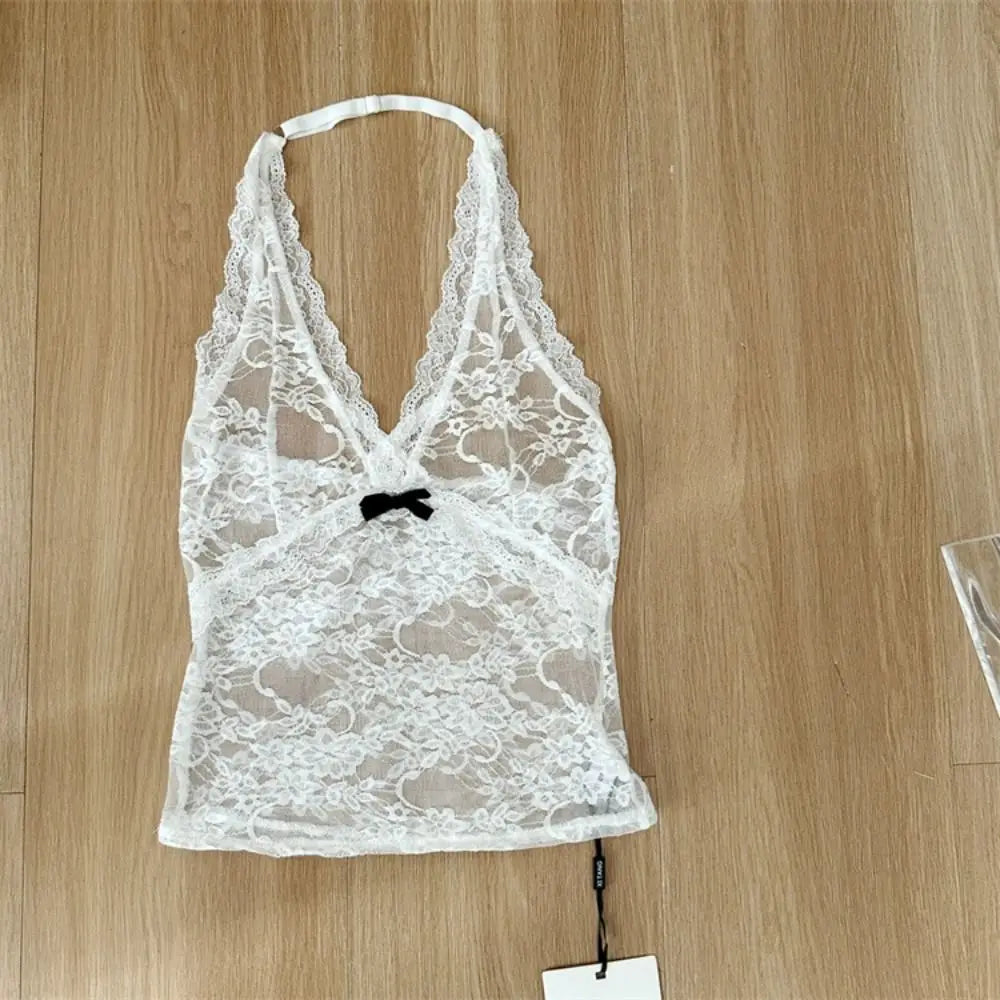 Mesh Lace Halter Vest Floral Camisole With Lace Up Detail