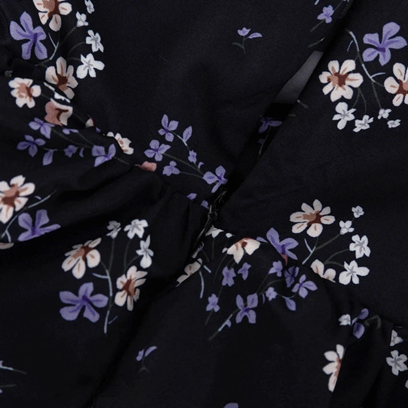 Floral Patchwork Mini Dress With Off Shoulder Square Collar Two Piece Look A Line