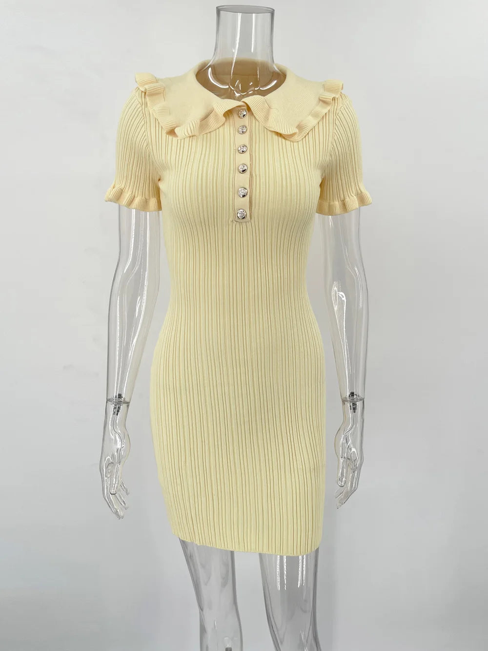 Ruffled High Waist Mini Dress Short Sleeve Knit Elegant Vintage