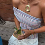 Striped Off Shoulder Crop With Wrap Neckline Bandeau Backless Sleeveless Tube Top