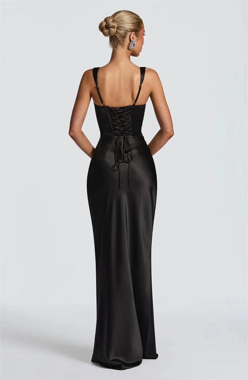 Elegant Satin Backless Halter Off-Shoulder Maxi Dress