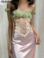 Color Block Off Shoulder Satin Maxi Dress With Lace Mesh Corset Bodice Elegant Evening Gown