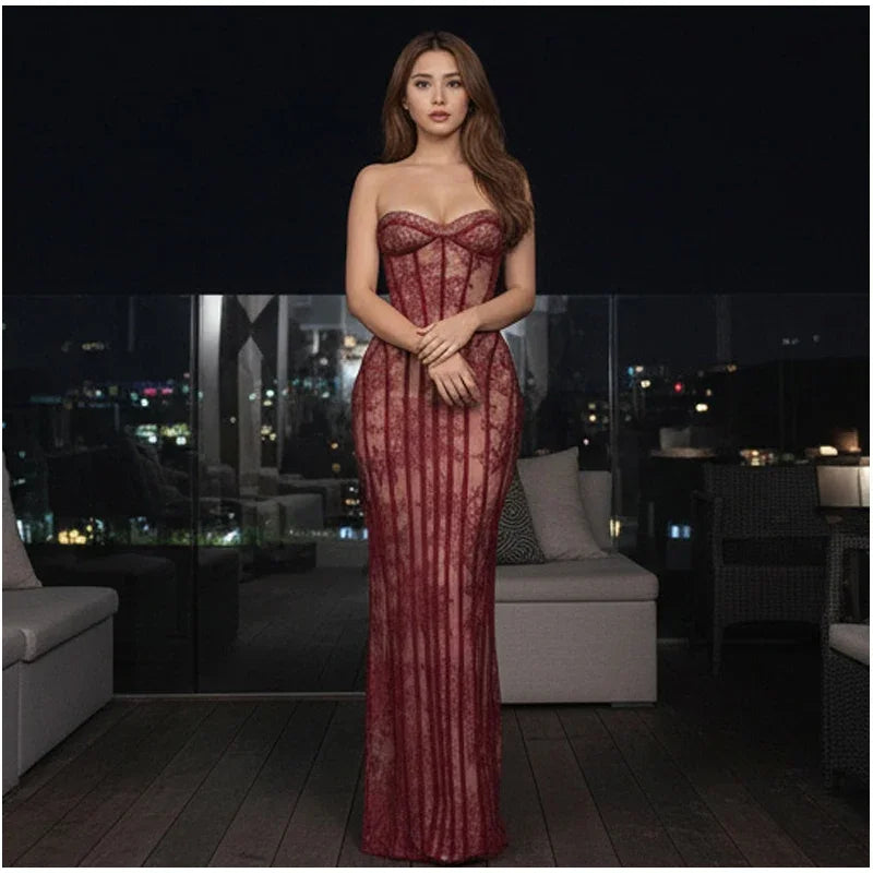 Elegant Backless Strapless Tulle Maxi Dress With Patchwork Print Off Shoulder Evening Gown