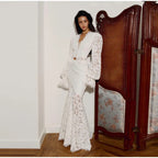 Delicate Lace V-Neck Peplum Top With Flare Sleeves And High Waist Mermaid Hem Elegant Evening Set