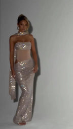 Sequins Off Shoulder Dress With Cinched Waist Sheer Ribbon Pleated Long Sleeves Glam
