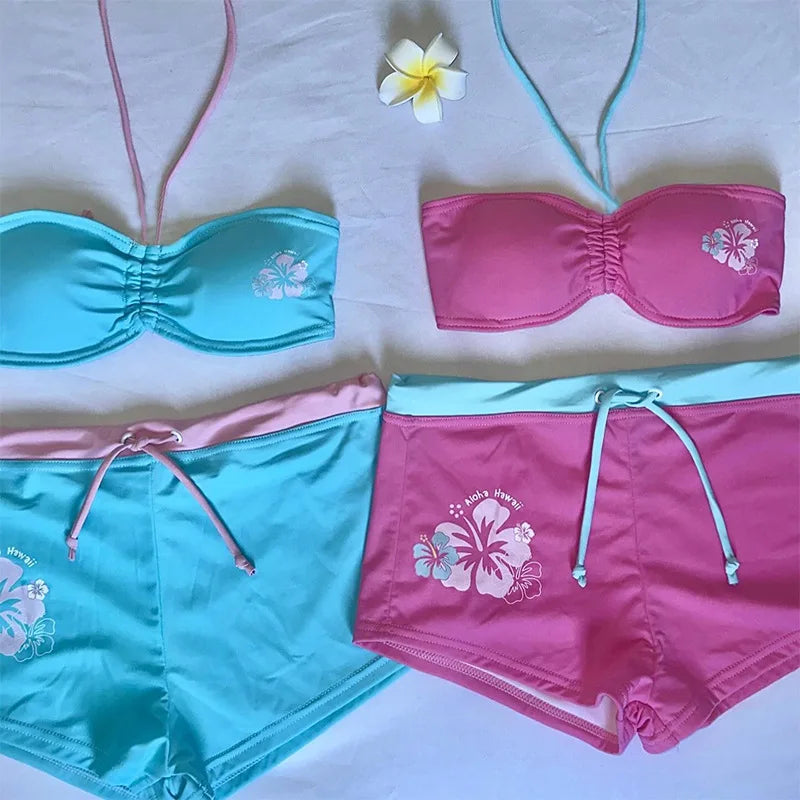 Tropical Floral Swimsuit Set With Neck Tube Top And Drawstring Shorts For Beach Leisure