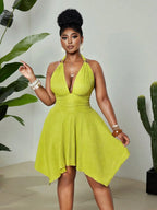 Vibrant Lime Green Pleated Halter Dress With Deep V Neck Backless Waist Defined Asymmetrical Hem