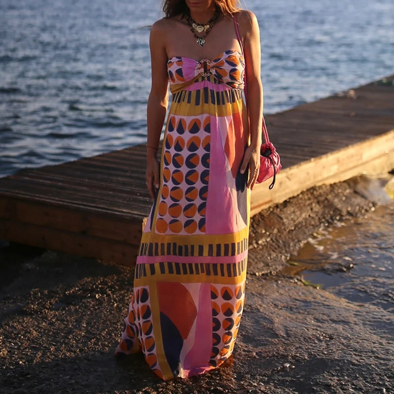 Off Shoulder Pleated Long Party Dress With Print