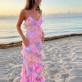 Women's V Neck Ruffled Slim Long Fashion Sleeveless Floral Print Backless Dress