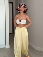 Women's Trousers 2 Pcs Suits Pleated Spaghetti Strap Cropped Tube Tops Elastic Waist Lace Up Pants