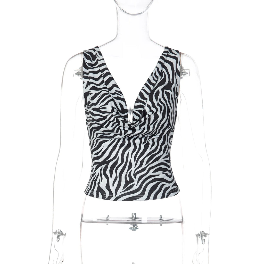 Zebra Print V Neck Backless Ruched Crop Tank Top