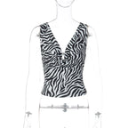 Zebra Print V Neck Backless Ruched Crop Tank Top