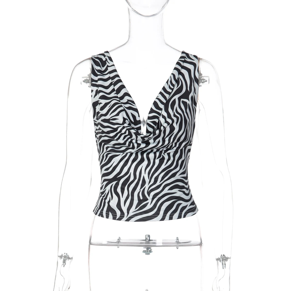 Zebra Print V Neck Backless Ruched Crop Tank Top