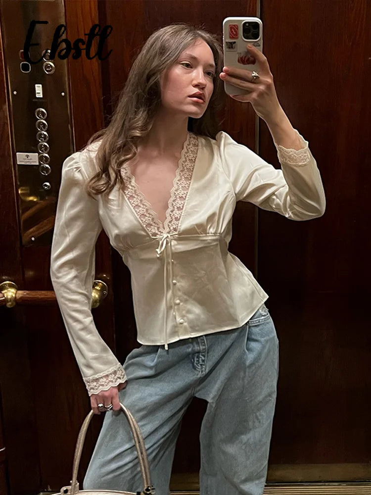 Lace Splicing Female Chic Bow Lace-up V Neck Short Sleeve Shirt