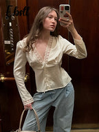 Lace Splicing Female Chic Bow Lace-up V Neck Short Sleeve Shirt