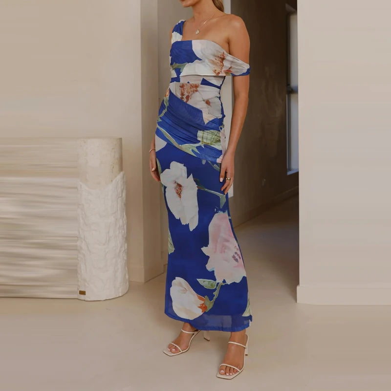 Elegant Floral Mesh Maxi Dress Sleeveless With Slash Collar