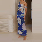 Elegant Floral Mesh Maxi Dress Sleeveless With Slash Collar
