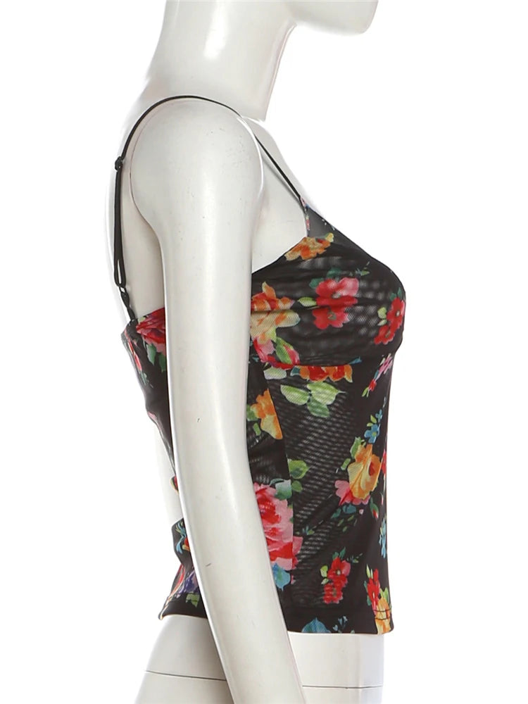 Midnight Floral Mesh Camisole With Patchwork