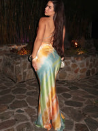 Colorful Swing Collar Maxi Dress With Metal Chain Backless