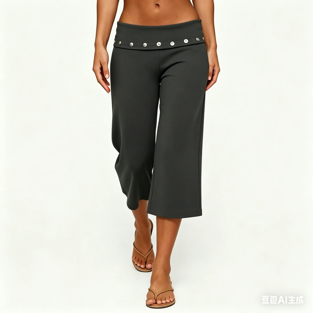 Fold Over Rivet Capri Women With Low Rise Knee Length Stretch Pants