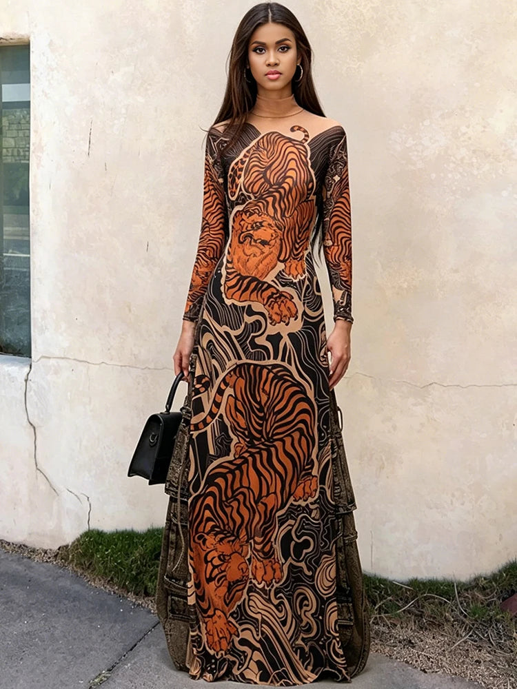 Tiger Print Sheer Long Sleeve Top With High Neck And Slits Street Style