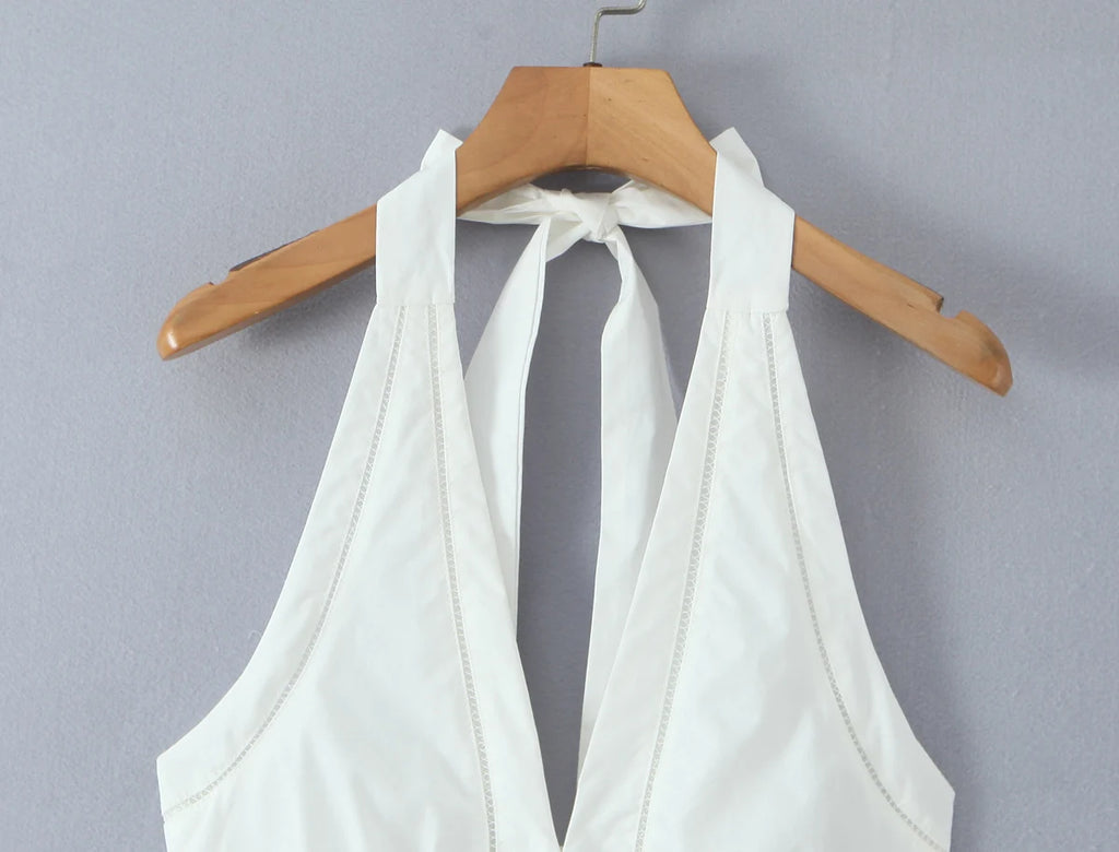 Sexy White Bow Halter V neck Open Buttons Slim Tank Top Women Spliced Ruffles Lace Hem Sleeveless Backless